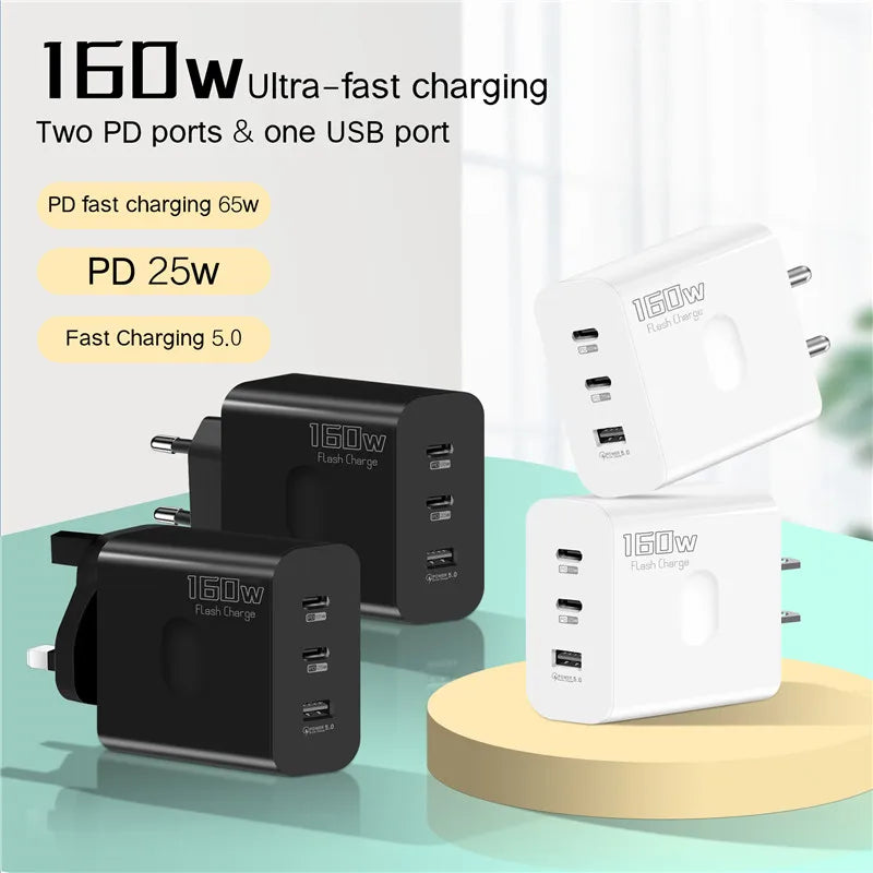 160W USB Charger USB Type C Fast Charging Adapter Quick Charge 3.0 PD Mobile Phone Charger For iPhone Samsung Xiaomi Redmi OPPO