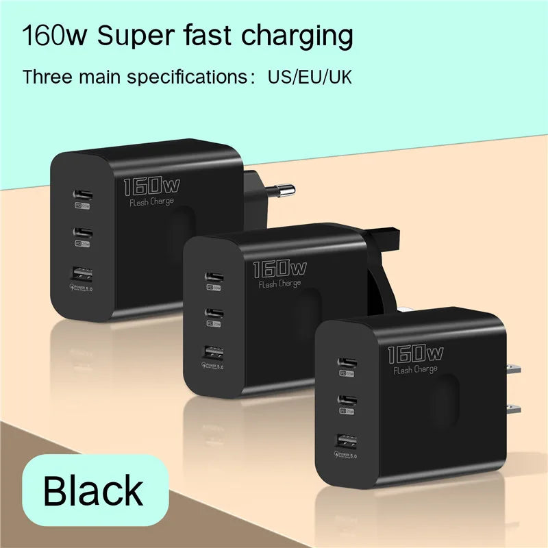 160W USB Charger USB Type C Fast Charging Adapter Quick Charge 3.0 PD Mobile Phone Charger For iPhone Samsung Xiaomi Redmi OPPO